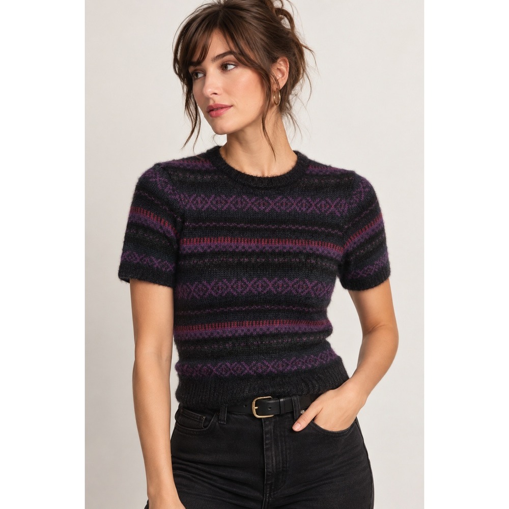 Lauren Ralph Lauren Short Sleeve Sweater S Purple Fair Isle Mohair Wool Fuzzy